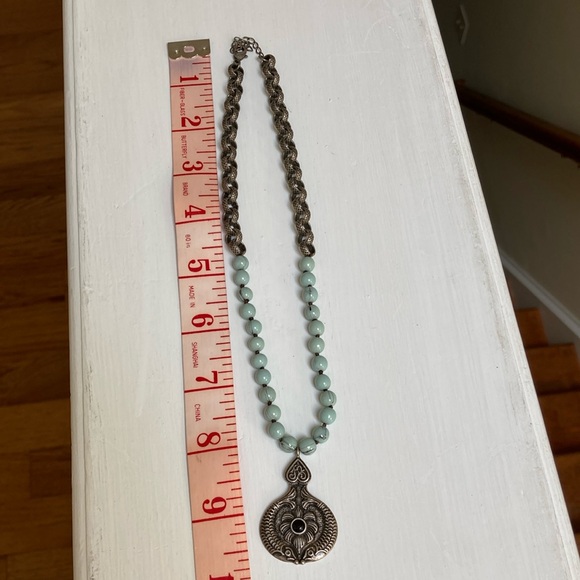 Amulet Pendant Necklace, Lucite Turquoise beads, silver plated box chain - Picture 2 of 10